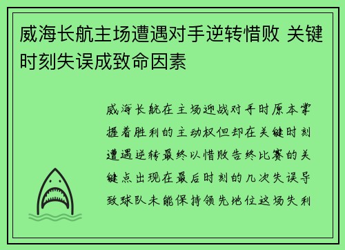 威海长航主场遭遇对手逆转惜败 关键时刻失误成致命因素
