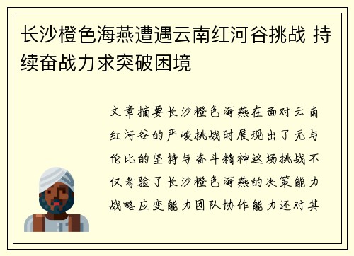 长沙橙色海燕遭遇云南红河谷挑战 持续奋战力求突破困境