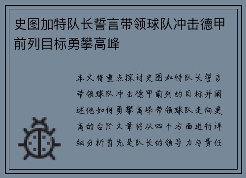 史图加特队长誓言带领球队冲击德甲前列目标勇攀高峰