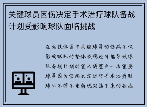 关键球员因伤决定手术治疗球队备战计划受影响球队面临挑战