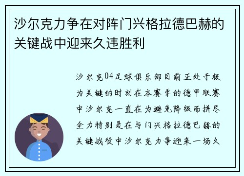 沙尔克力争在对阵门兴格拉德巴赫的关键战中迎来久违胜利