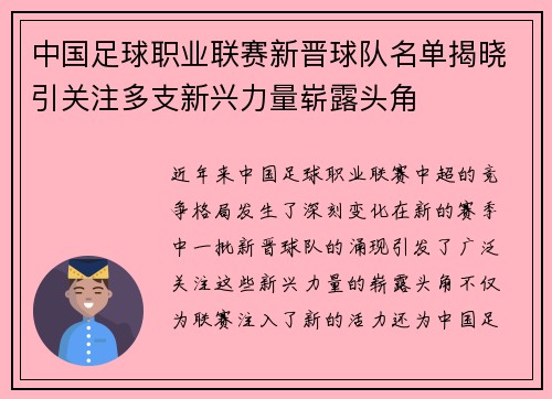 中国足球职业联赛新晋球队名单揭晓引关注多支新兴力量崭露头角
