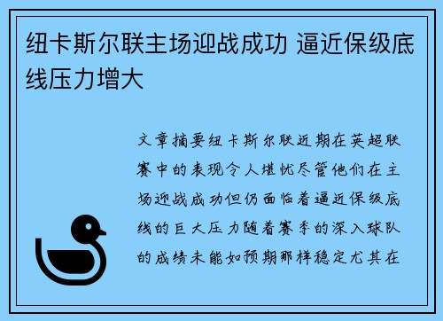 纽卡斯尔联主场迎战成功 逼近保级底线压力增大