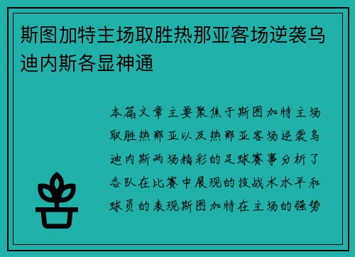 斯图加特主场取胜热那亚客场逆袭乌迪内斯各显神通