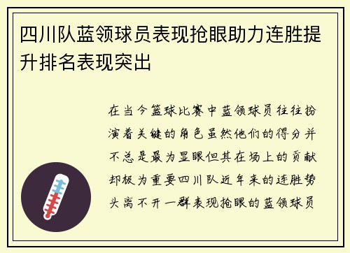 四川队蓝领球员表现抢眼助力连胜提升排名表现突出
